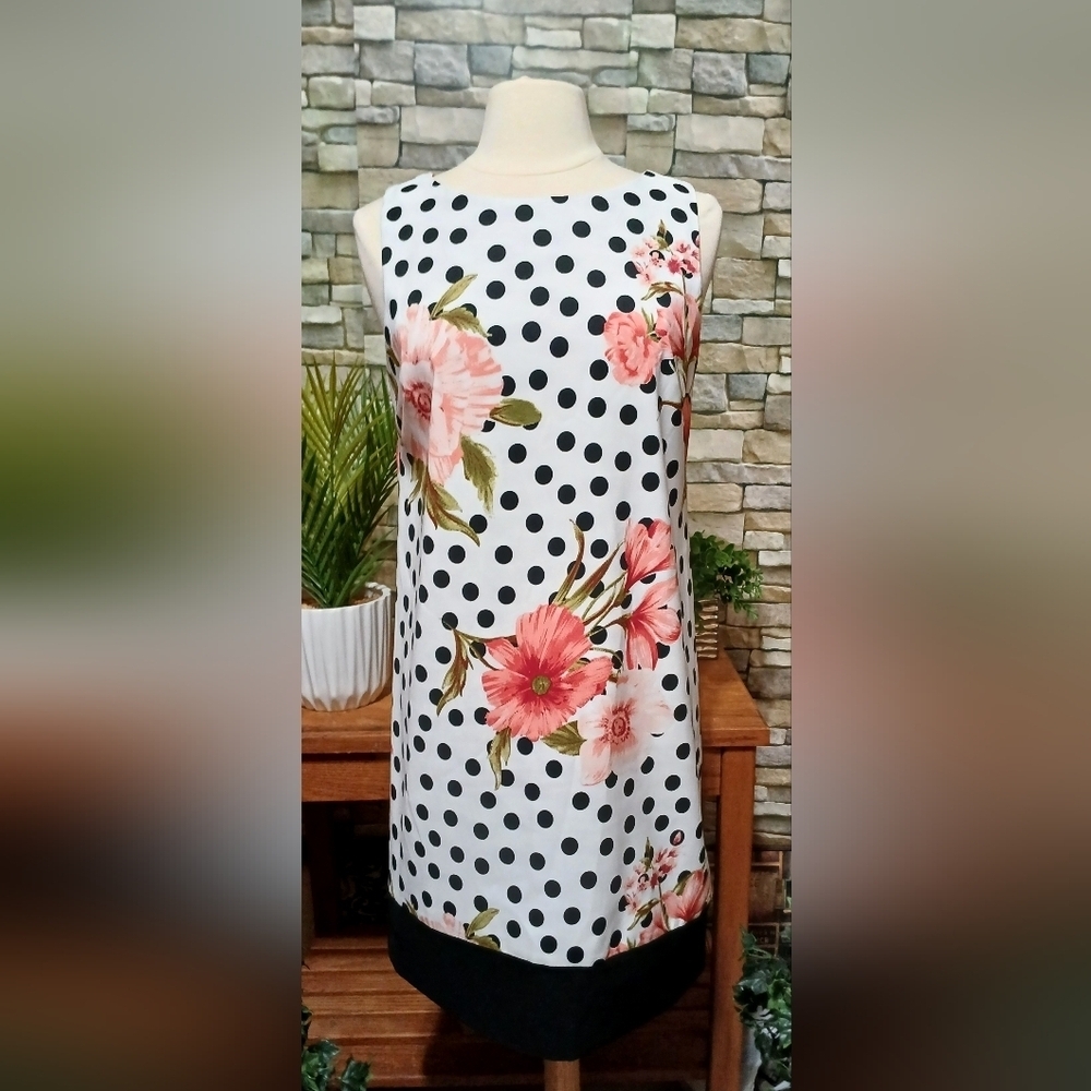 AGB Womens Size 10 Black White‎ Polka Dot Floral Midi Dress Formal Feminine